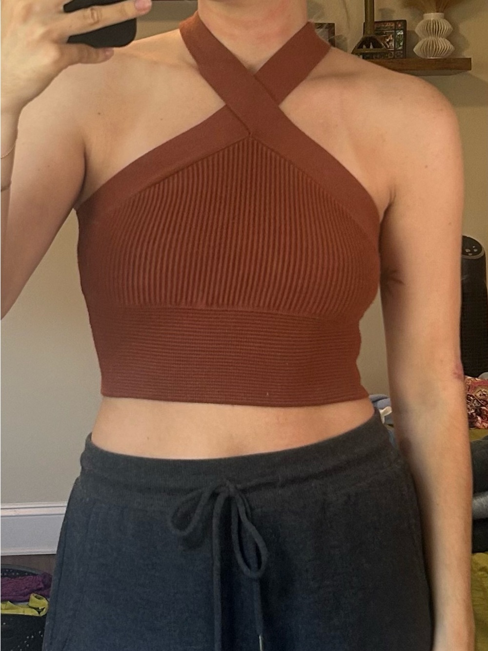 Abercrombie & Fitch Rust Brown Ribbed Cross-Neck Crop Top